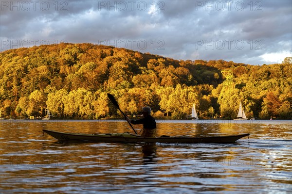 Lake Baldeney, a reservoir of the Ruhr, in Essen, autumn, sailing boats, headframe of the former