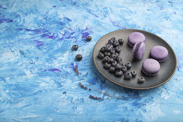 Purple macarons or macaroons cakes with blueberries on ceramic plate on a blue concrete background.