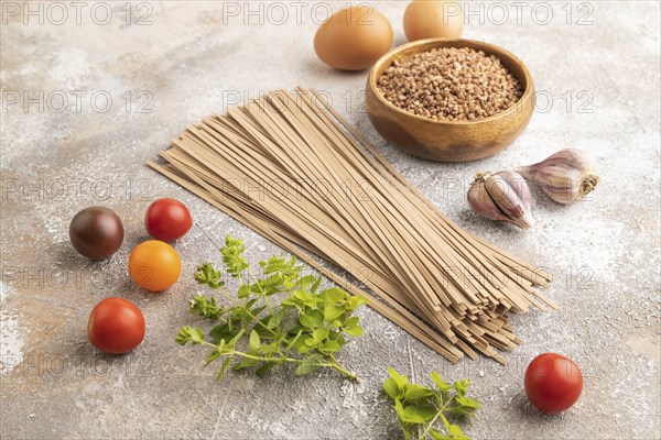 Japanese buckwheat soba noodles with tomato, eggs, spices, herbs on brown concrete background. Side