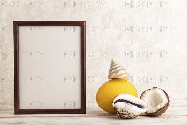 Wooden frame with melon, coconut, seashells on gray concrete background. Side view, copy space.