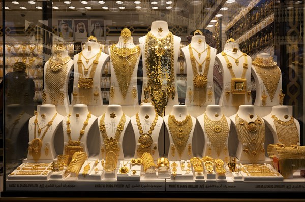 Gold in shop window, display, offer, wedding jewellery, gold souq, market, Deira, Dubai, United