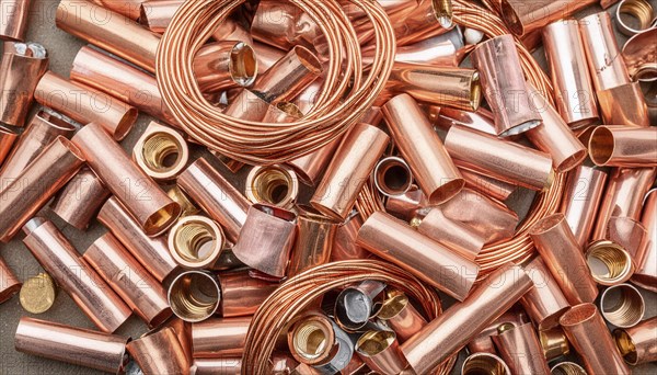 Material, metal, copper, a large quantity of pipes and pipe sections