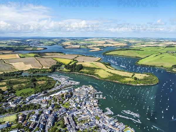 Salcombe and Mill Bay over Kingsbridge Estuary from a drone, Batson Creek, Southpool Creek, Devon,