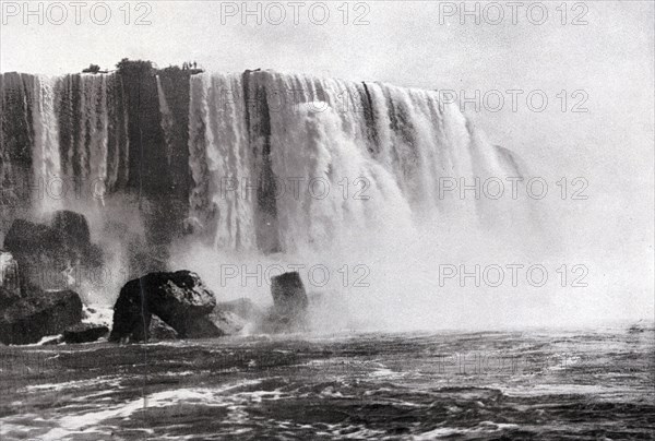 Niagara Falls, Canada, USA, Historical, digitally restored reproduction from a 19th century