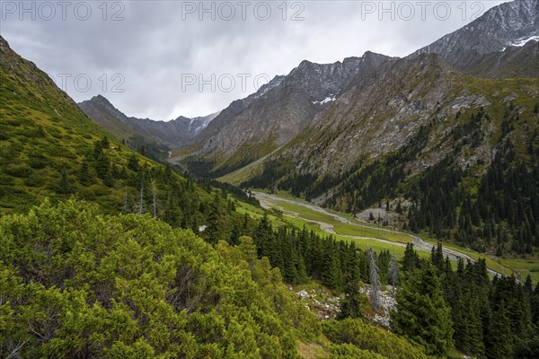 Green mountain valley with river and steep mountain peaks, Chong Kyzyl Suu Valley, Terskey Ala Too,
