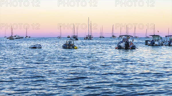 Sailing yachts to the blue hour in the bay of Talamanca, Eivissa, Ibiza Town, Ibiza, Balearic