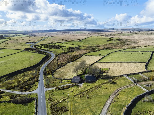 Farms over West Dart River in Dartmoor National Park, Devon, England, United Kingdom, Europe