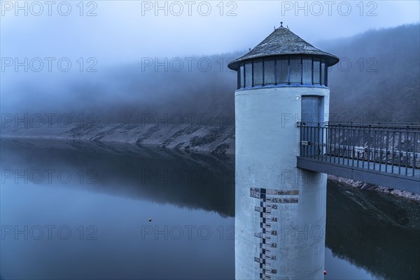 The dam wall of the Urft dam, in the Eifel, reservoir, in winter, fog, near Schleiden, North