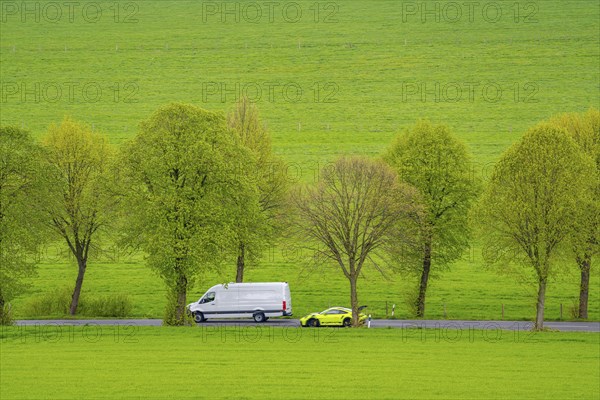 Car on a country road, overtaking manoeuvre, green fields, meadows, trees line the 2-lane road,