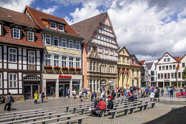 Typical town houses at the market in the old town, Hamelin, Upper Weser, Weserbergland, German