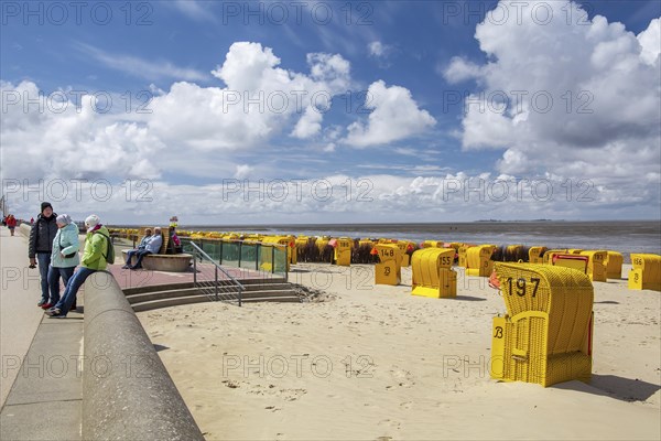 Beach promenade with beach chairs on the Wadden Sea in the district of Duhnen, North Sea spa town