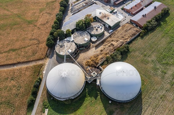 Biogas plant, gas storage, with dome, fermenter tanks for the fermentation process, use of solid