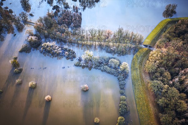 Aerial view, flood, closed roads, closed dike passage, flood protection, flooding, dike protection,