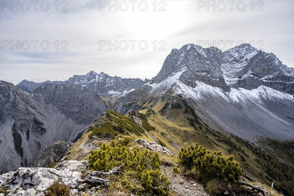 Hiking trail on the ridge of the Hahnkampl, mountain panorama with steep rocky peaks, view of