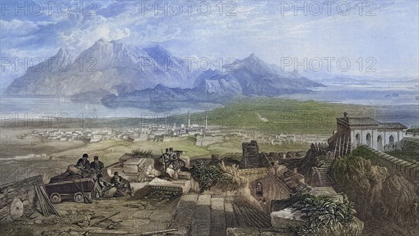 Town and Isthmus of Corinth seen from the Acropolis, engraved by W. Miller after S. Bough from The