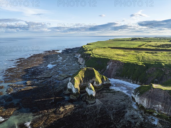 Cliffs over Flamborough Seawatch Observatory from a drone, Flamborough, Yorkshire, England, United