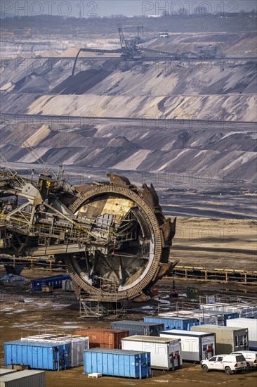 Garzweiler opencast lignite mine, bucket wheel excavator undergoing maintenance and repair, near
