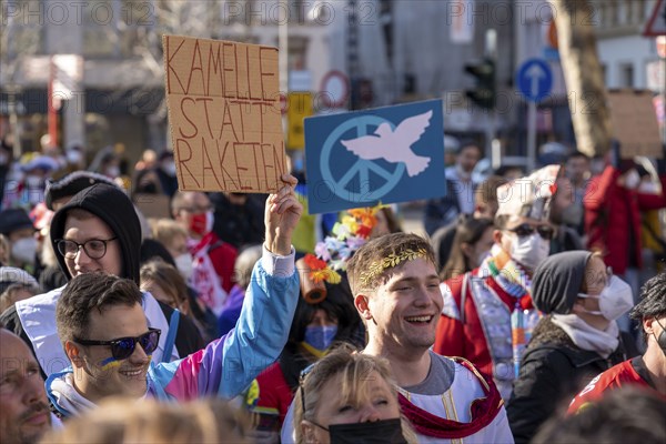 Peace demonstration against the war in Ukraine, instead of the Rose Monday parade in Cologne, with