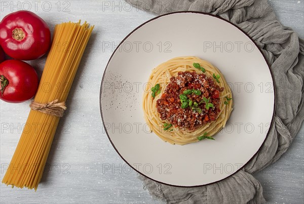 Spaghetti Bolognese, top view, close-up, no people, homemade
