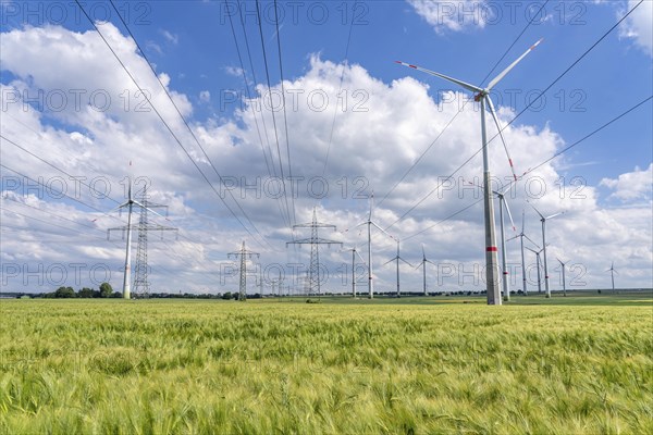 Wind farm north-east of Marsberg, Hochsauerlandkreis, high-voltage line, electricity pylons, North