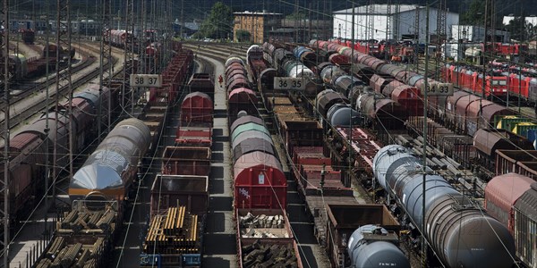 Train formation yard in the Vorhalle district, marshalling yard, goods trains, Hagen, Ruhr area,