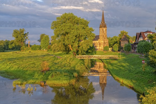 At the old harbour with St. Sturmius church Rinteln Germany