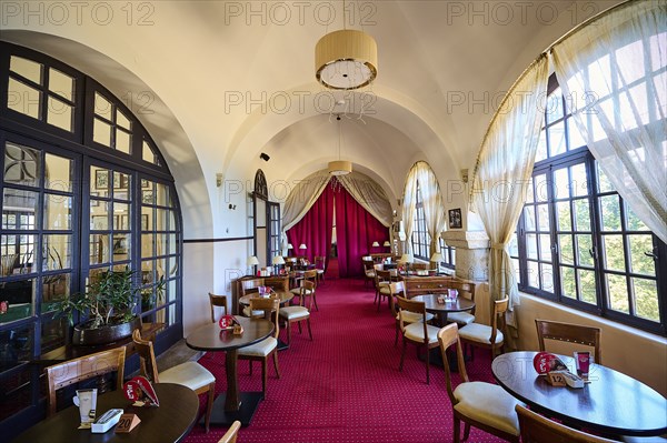 A cosy café with red carpets, tables and chairs under arched windows that let in natural light,