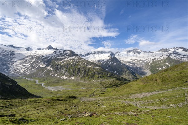 Panorama, Picturesque mountain landscape, Mountain peaks with snow and glacier Schwarzensteinkees,
