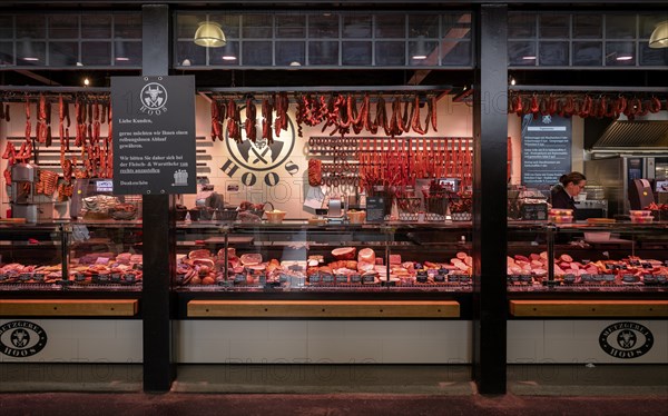 Meat products, sausage products, display, butcher's shop Hoos, Kleinmarkthalle, covered market