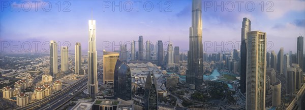 UAE, Dubai panoramic skyline view of city downtown and Dubai Mall
