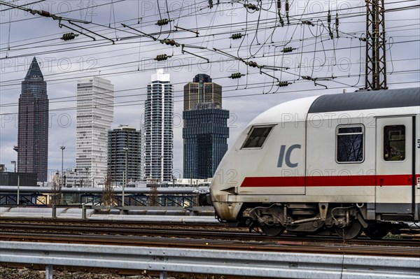 ICE train on the track in front of the main station of Frankfurt am Main, Skyline, Hesse, Germany,