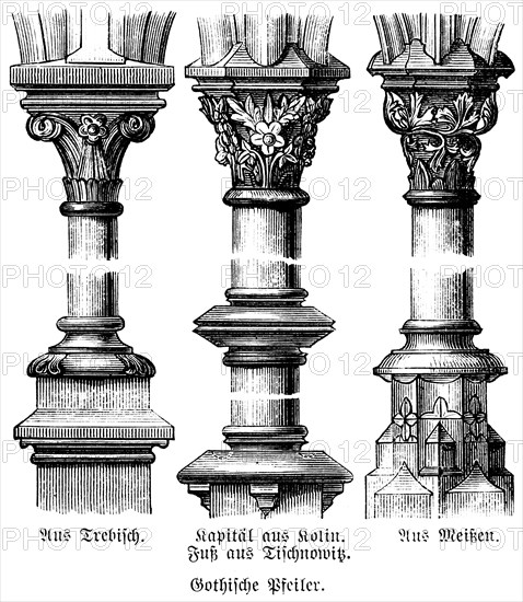 Gothic pillars with base and capital from Trzebiszewo Poland, Meissen, Tisnov Czech Republic,