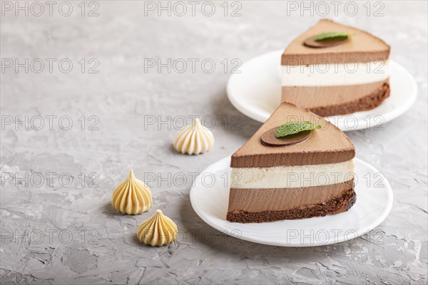 Cake with souffle milk chocolate cream on a gray concrete background. side view, close up, copy