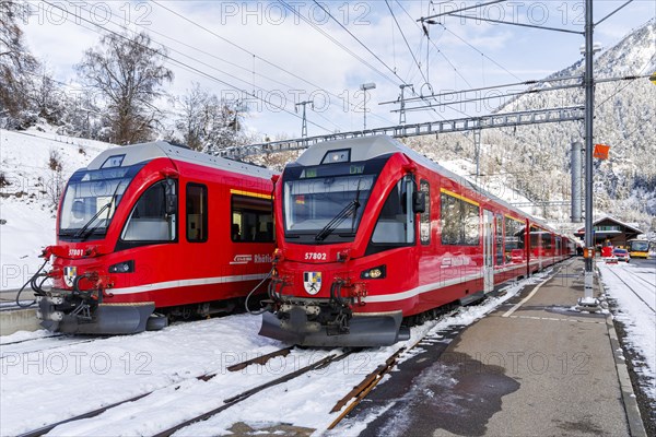 Rhaetian Railway trains on the Albula railway Stadler Rail passenger train at Filisur station,