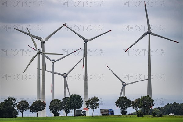 Wind farm east of Paderborn, on the B64 federal highway, North Rhine-Westphalia, Germany, Europe