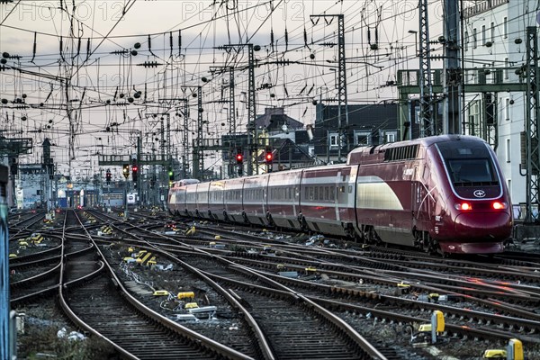 Eurostar train on its way to Brussels, Cologne Central Station, tracks on the west side, overhead