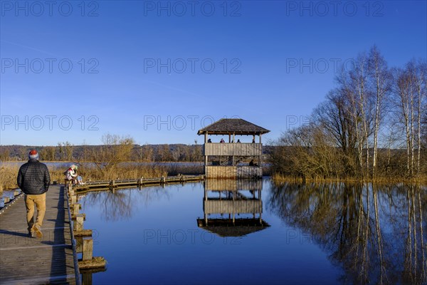 Plank path to the observation tower, high water in DieÃŸen am Lake Ammer, Diessen, Fünfseenland,