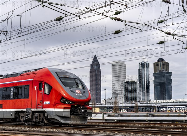 Regional train on the track in front of Frankfurt am Main main station, Skyline, Hesse, Germany,