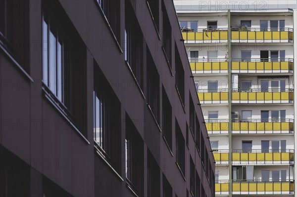 Prefabricated buildings with balcony, photographed in the Berlin district of Lichtenberg in Berlin,