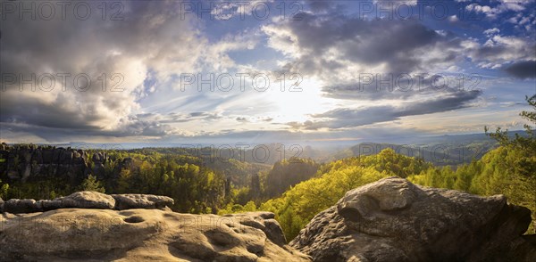 View of the Schrammstein chain, the Falkenstein and the Lilienstein from the Carolafelsen, Bad