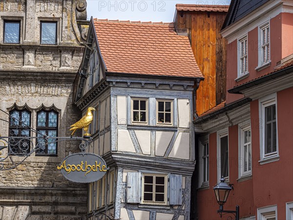 Historical houses in downtown Ochsenfurt at river Main, Bavaria, Germany, Europe