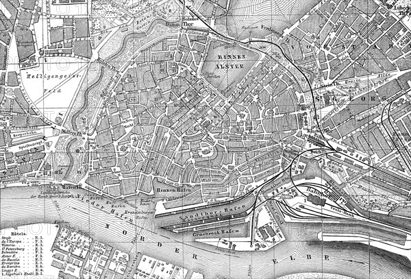 City map of Hamburg, Germany, in 1885, Historical, digital reproduction of an original from the
