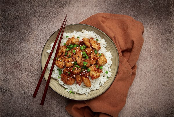 Fried chicken teriyaki with rice, green onion and sesame, homemade, no people
