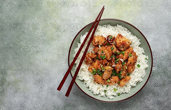 Fried chicken teriyaki with rice, green onion and sesame, homemade, no people