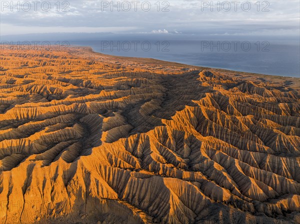 Landscape of eroded hills at Lake Issyk Kul, Badlands at sunrise, aerial view, Canyon of the