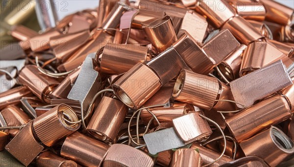 Material, metal, copper, a large amount of copper metal waste on a stockpile for recycling