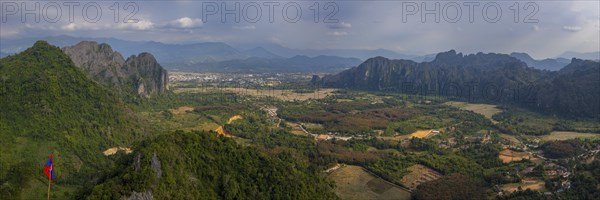 Panorama of Vang Vieng and the Kart landscape from Pha Ngern View Point, Vientiane Province, Laos,