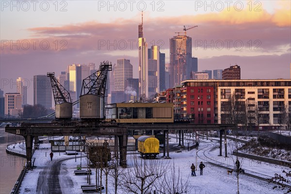 The skyline of Frankfurt am Main, skyscrapers of the banking district, historic harbour cranes at