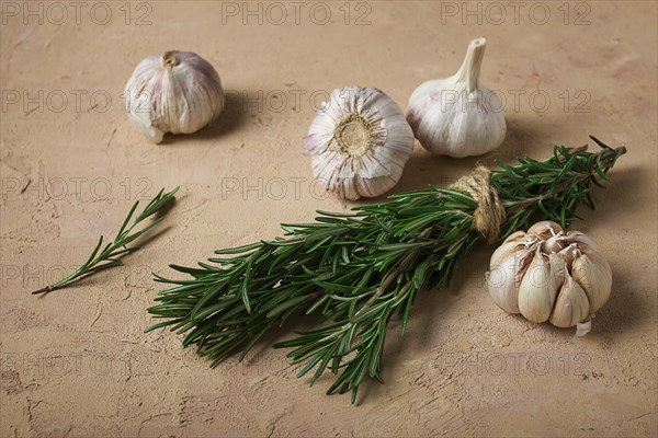 Fresh bunch of rosemary with garlic, on a beige background, food concept
