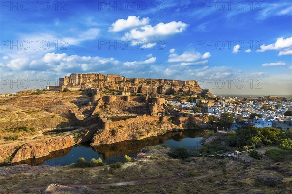 Mehrangarh Fort famous tourist landmark on sunset, Jodhpur, Rajasthan, India, Asia